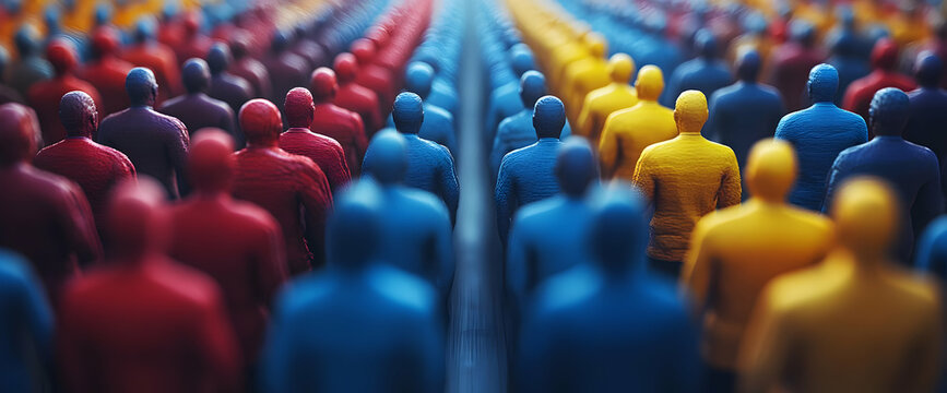 A sea of diverse individuals converging in a unified movement, a colorful representation of human connectivity
