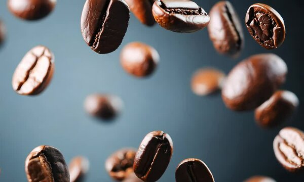 A dynamic image of floating coffee beans, their rich texture and color against a blurred background.