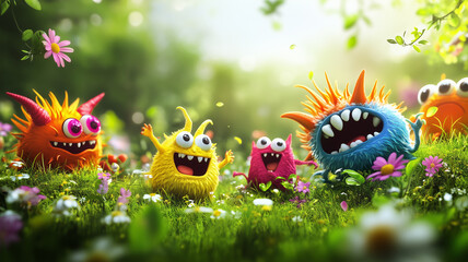 A group of colorful cartoon spring monsters playing in a lush green meadow, surrounded by blooming flowers, cheerful and playful mood