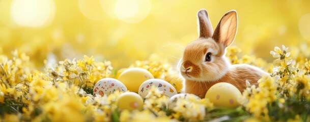 Easter banner with a yellow background, Easter eggs, and a cute bunny in the flowers. E-commerce photography with a yellow background, an e-commerce banner