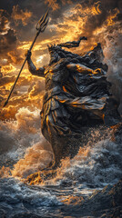 majestic bronze statue of Poseidon wielding trident amidst crashing waves and dramatic clouds