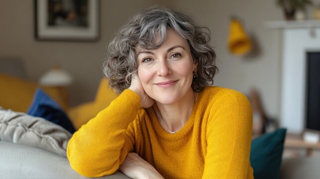 Confident middle-aged woman with curly gray hair smiling warmly in a cozy living room setting