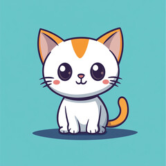 A cute, cartoon-style white cat with pink cheeks, sitting contentedly against a blue background. The cat has a happy expression with closed eyes and a small smile.