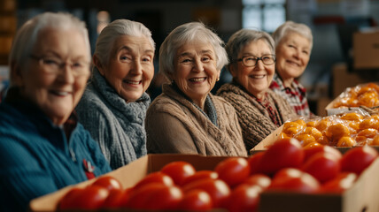 Fototapeta premium A group of senior volunteers smiling while organizing food donations at a charity event, warm lighting, diverse background