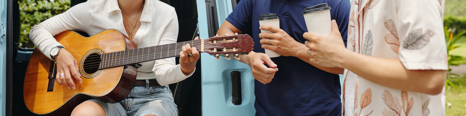 Header with friends having fun during journey