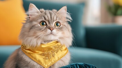 Vibrant pet fashion costumes concept. A fluffy cat adorned with a bright yellow bandana, sitting on a cozy couch, looking curiously toward the camera.