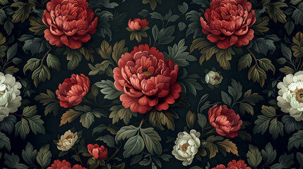 Red and white peonies on dark floral background