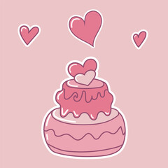 Hand drawn groovy vintage heart shape cake. Cute vector illustration. Perfect for Valentines day, wedding invitation, birthday card