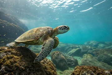 Fototapeta premium Ancient sea turtle species megalochelys in a rocky sea, fossil record, marine paleontology