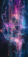 Abstract vibrant futuristic city scape with neon lights and digital data streams.