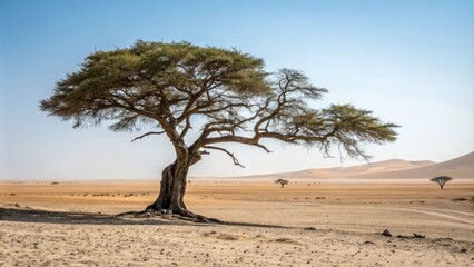 Ancient tree standing alone in a vast desert landscape, solo, tree