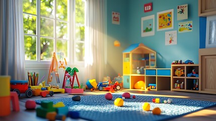 Bright Playroom Filled With Colorful Toys And Sunshine
