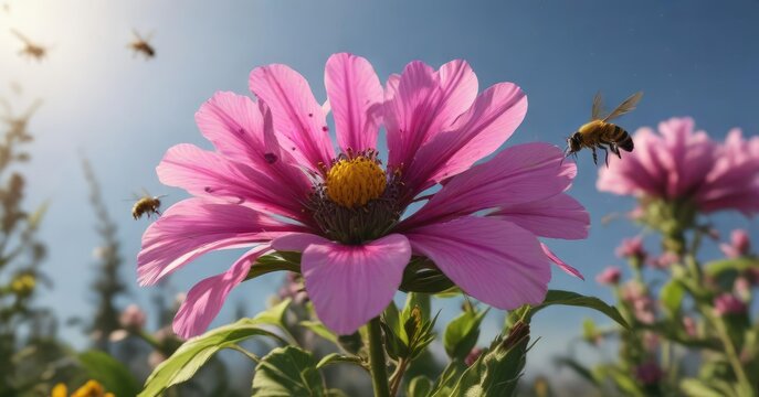 An Exora flower with a few bees landing on it in the background, background, flowers