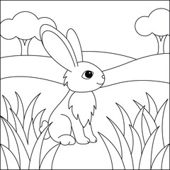 Bunny in a nature line art coloring page for kids