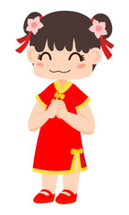 Cute Little Girl Wearing Traditional Chinese Clothes In Greeting Pose, Vector Illustration. Chinese Lunar New Year.