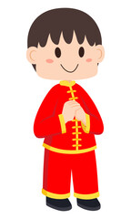 Cute Little Boy Wearing Traditional Chinese Clothes In Greeting Pose, Vector Illustration. Chinese Lunar New Year.