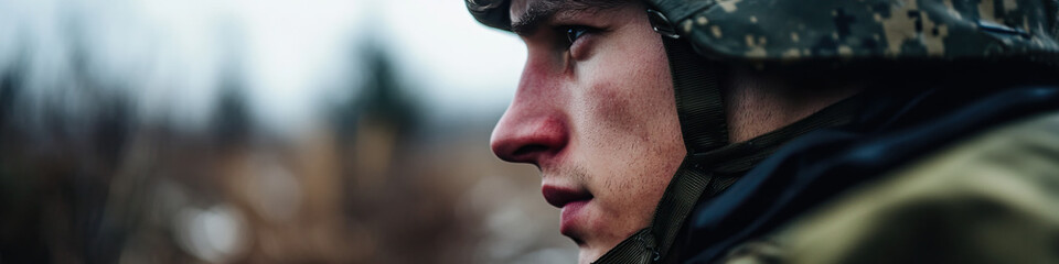 Fototapeta premium Close-up Profile of Soldier in Camouflage Helmet