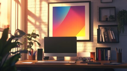 Sunlit home office workspace with computer, artwork