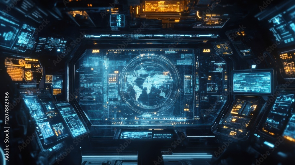 Poster complex control panel featuring holographic planet earth and various data streams on multiple digita