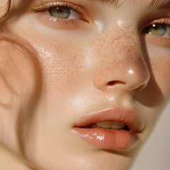 Fresh, clear skin with minimal makeup, focusing on texture and luminosity 