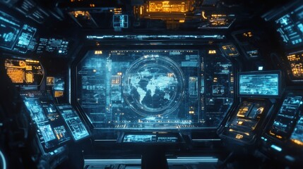 Fototapeta premium Complex control panel featuring holographic planet earth and various data streams on multiple digital displays in a futuristic spaceship cockpit environment