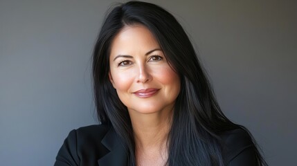 Fototapeta premium Confident Woman Portrait: Close-up of a Smiling, Attractive Woman with Long Black Hair