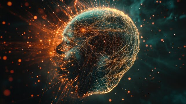 Digital Head Exploding Sparks Dark Background