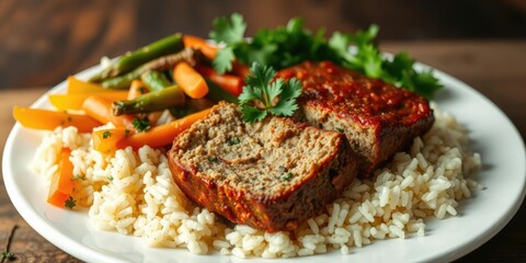 Baked meatloaf with boiled rice served on a white plate, garnished with parsley and tomato slices, meal, vegetables, tasty