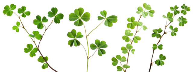 Set of green clover branches, isolated on transparent background