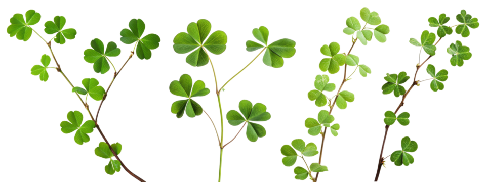 Set of green clover branches, isolated on transparent background
