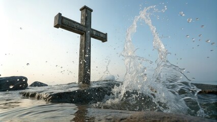 Fototapeta premium Baptismal cross with water splashes, baptism, religious art, sacrament, worship