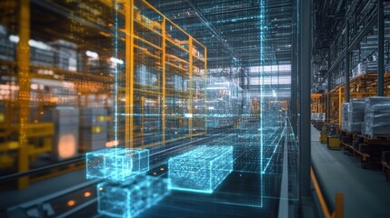Fototapeta premium Futuristic warehouse management system using artificial intelligence and augmented reality showing virtual boxes moving on a conveyor belt and shelves with goods