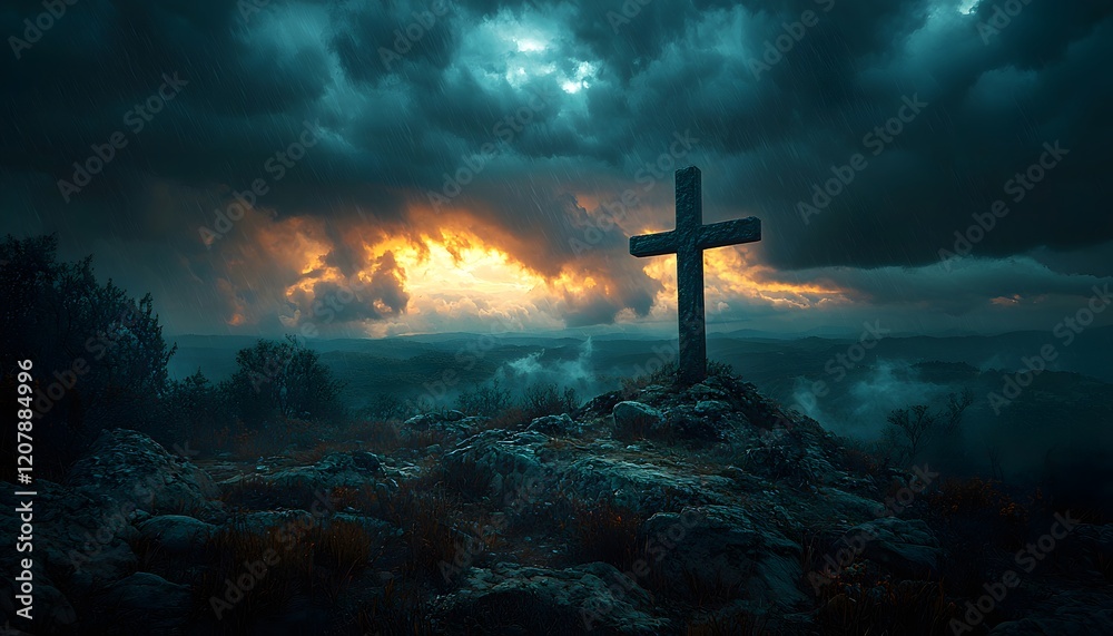 Poster dramatic sunset over a mountainous landscape featuring a cross silhouetted against a dark and moody 