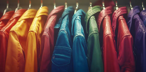Clothing rail with bold brightly coloured clothes, retail shop or wardrobe closet setting, aesthetic horizontal landscape format background. Aspect ratio 125:62