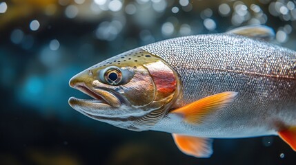 Fototapeta premium Aquarium Trout Closeup, Bubbles, Underwater