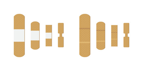 Set of adhesive bandages for wounds, various shapes and sizes, flat design, isolated on white background