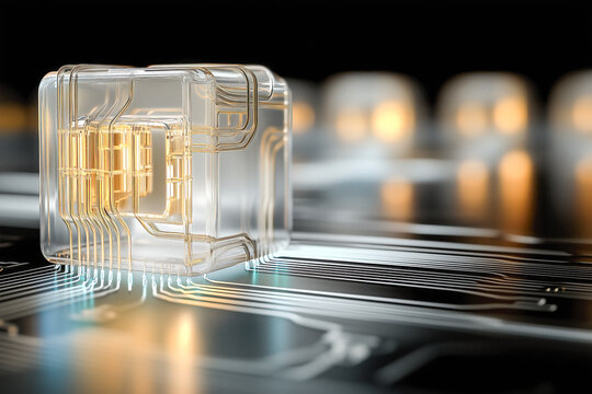Quantum circuit node conceptual, high tech computing research science lab innovation, physics, futuristic technology wiring