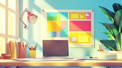 Sunny office desk, laptop, creative workspace, window, plant