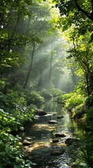 Obraz premium Beautiful small creek winding through dense woods, woods, wilderness, creek, foliage