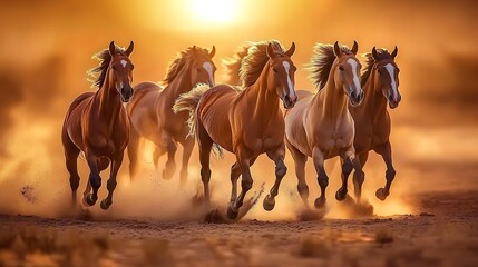 Obraz premium Majestic Horses Galloping Sunset Golden Light
