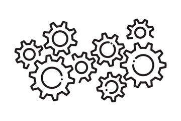 The silhouettes of eight gears arranged in a chaotic order on a white background.