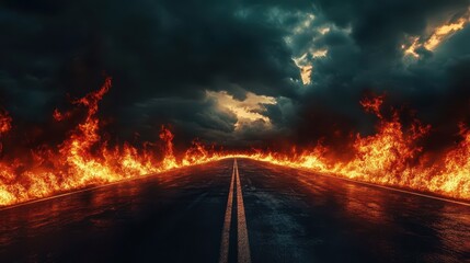 Dramatic scene of a road surrounded by raging flames on both sides, with dark stormy clouds in the background creating an intense and apocalyptic atmosphere.