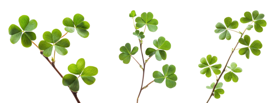 Set of green clover branches, isolated on transparent background