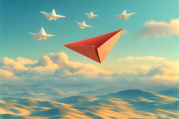 Red Paper Airplane Leading a Flock of White Ones Across a Vast Landscape Under a Sunset Sky