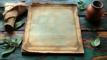 Antique Parchment Paper On Rustic Wooden Tabletop