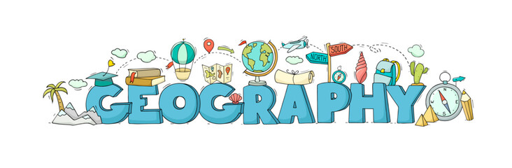 Cartoon banner with word Geography. Summer vacation, travel, trip concept with doodle world map, globe, air balloon, compass. School, journey poster with mountains and palm trees, vector sketch illust