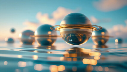 3D technical planets, water, and sky