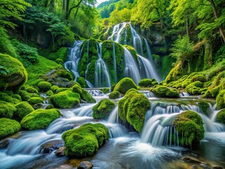 Fototapeta premium Lush Waterfall Cascades Mossy Rocks Drone Forest