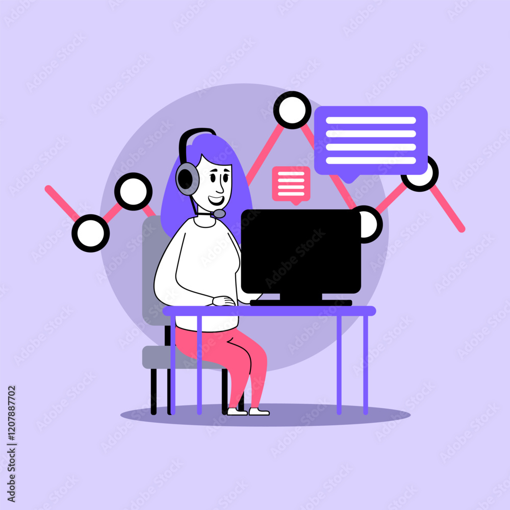 Poster Person with headset sitting at desk, focused on computer screen displaying charts and messages. Background with abstract graphics representing data flow