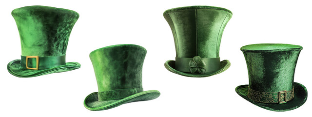 Set of green St. Patrick’s Day hats, isolated on transparent background